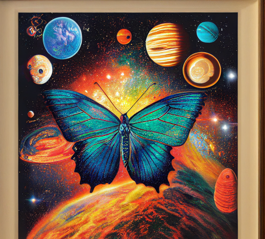 butterfly surrounded by planets in bright colors