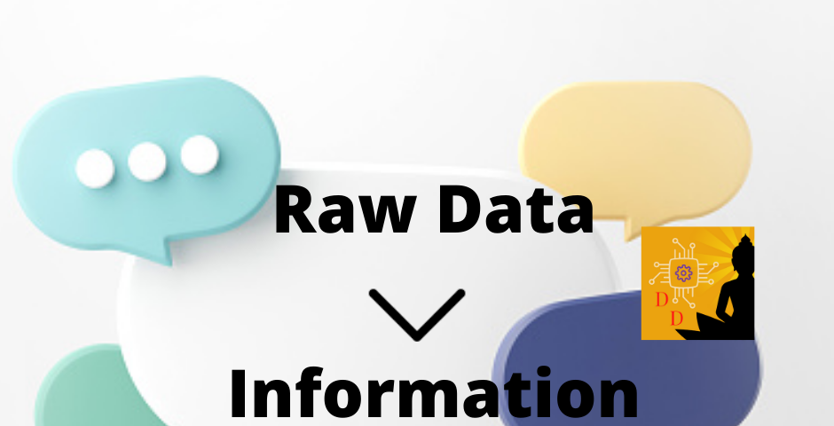 An image showing 5 different dialogue boxes, implying that there’s some conversation going on, with the words “raw data to information”.