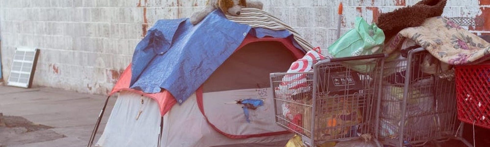 A tent outside where a homeless person is living.