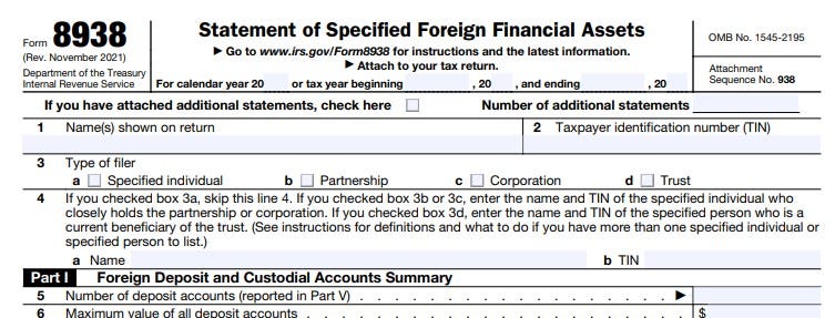 Top of IRS Form 8938 Statement of Specified Foreign Financial Assets