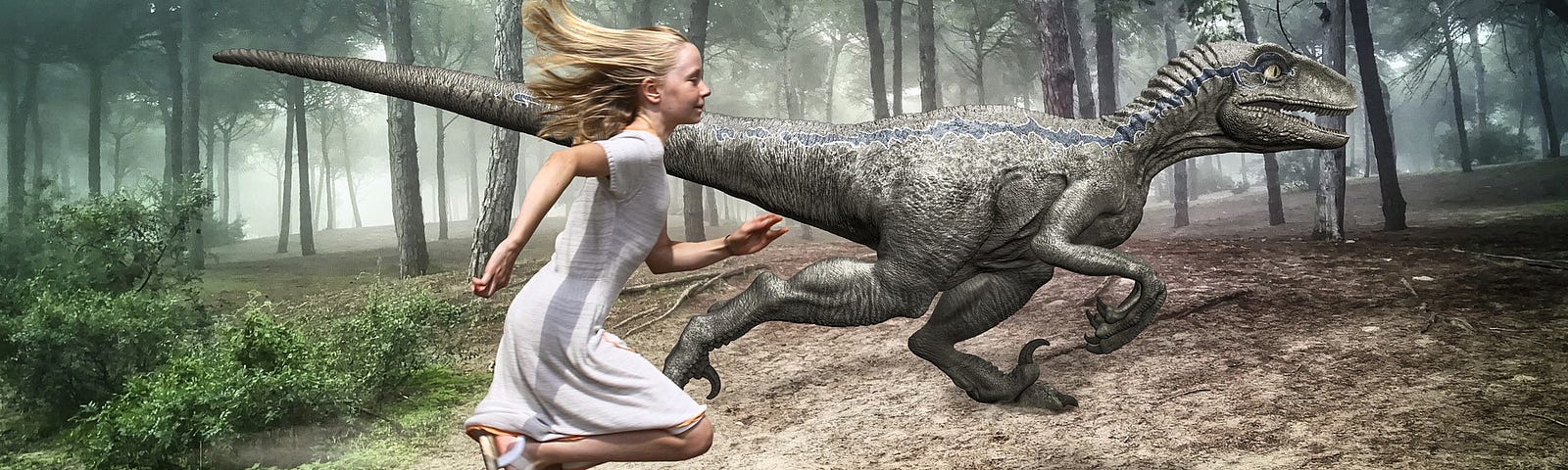 Girl in a white dress with flowing blond hair running alongside a dinosaur through a wooded area.