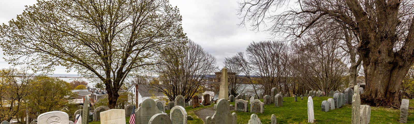 Photo of Plymouth Bay as seen from Burial Hill Cemetery in Plymouth.