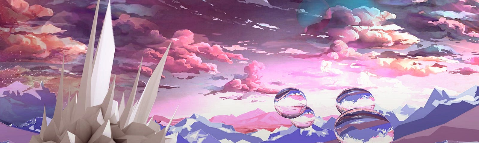 rendering of a pink and purple world with pointed icebergs and reflective bubbles floating in the sky