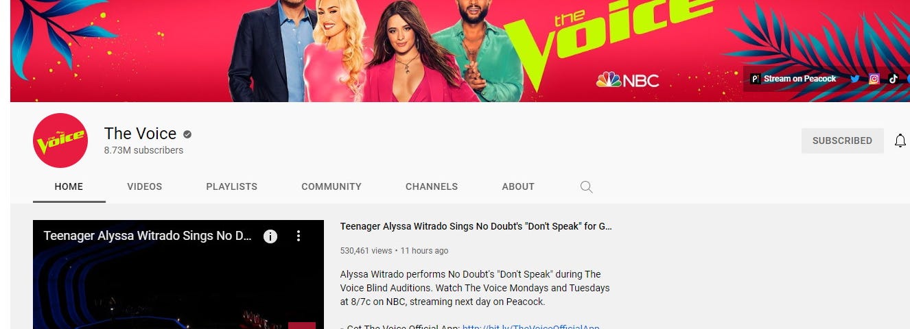 YouTube screen capture of “the Voice” main subscription page.