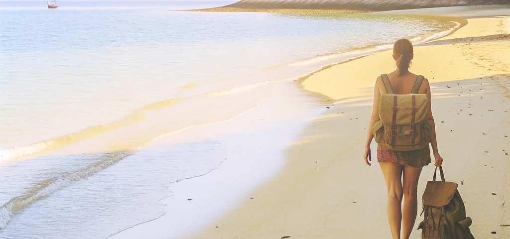 A serene image of a woman leisurely walking along a tranquil beach, carrying an old backpack, with soft sand underfoot and gentle waves lapping at the shore, evoking a sense of freedom and relaxation.