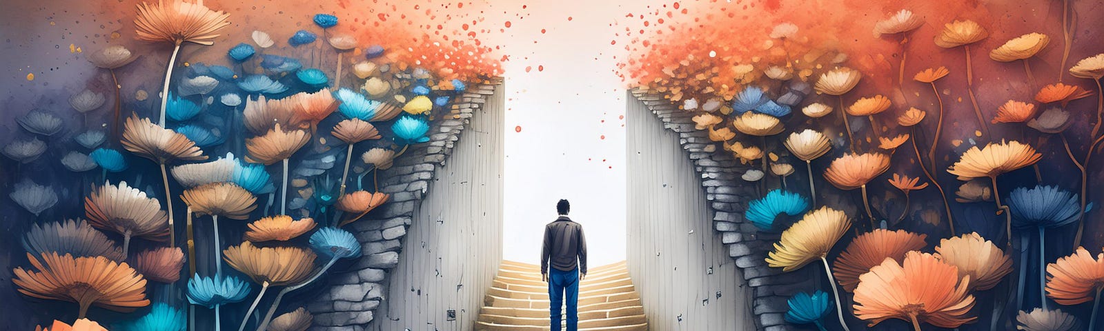 A man walking up a narrow stairway. Two walls are on either side of him, blocking fields of flowers from his path.