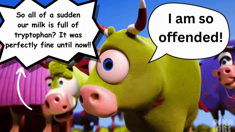 Gif image of 2 aanimated cows in a field talksing about having tryptophan in their milk.