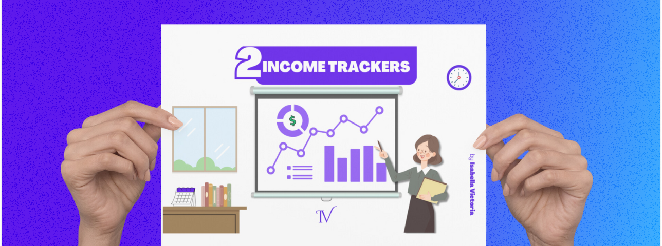 Royal blue background. Two hands holding the cover page of the track toolset. It states, “2 income trackers”, with a teacher pointing to a board with a graph. There’s a desk to the left with a calendar and books on it. Above it is a window.