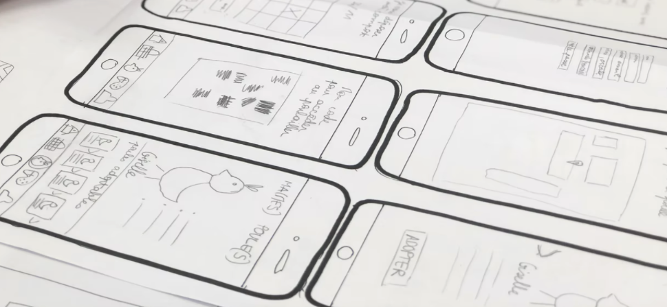 Desenhos de um aplicativos em folha de papel em branco e preto
