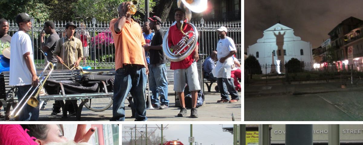 A collage of New Orleans’ scenes. Jazz, pretty women waving, a train, a church.