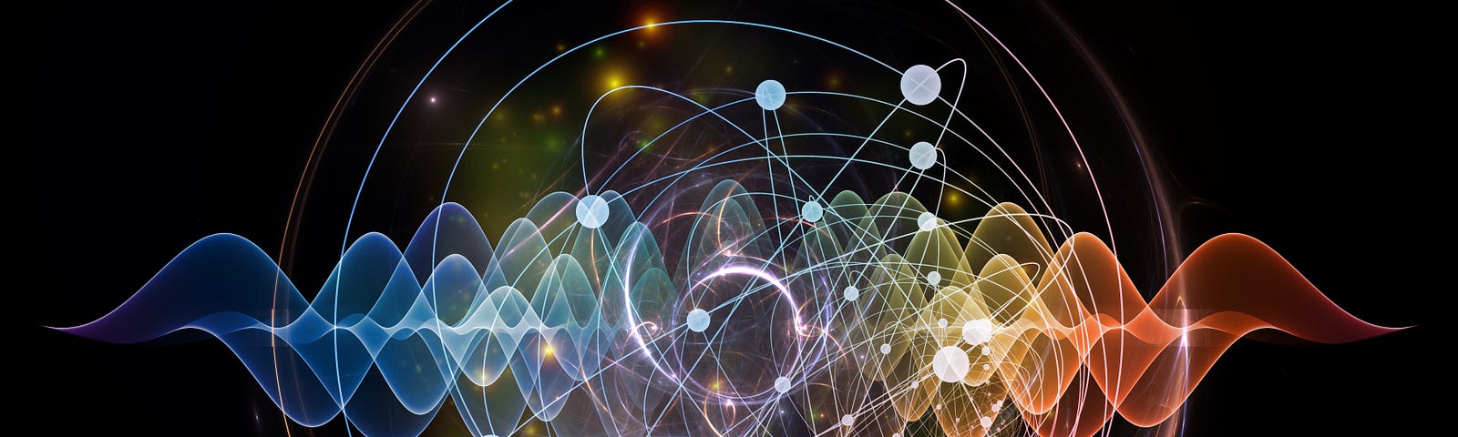 Abstract concept of atom and quantum waves illustrated with fractal elements.