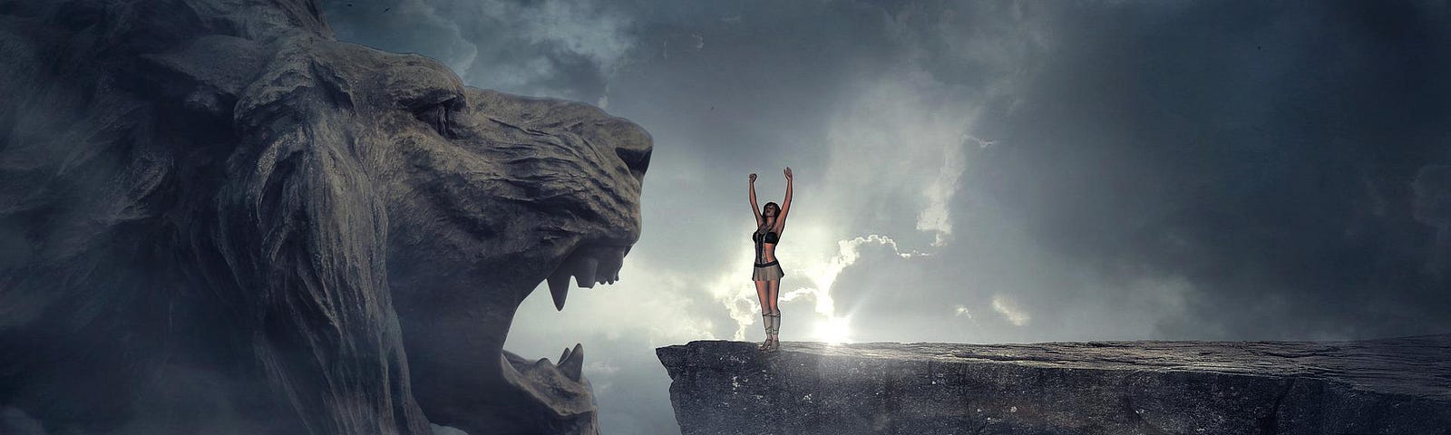 On the left, a giant stone lion’s head faces to the right with mouth open. In the centre, a tiny human figure stands on a cliff edge with arms extended straight up. In the background, the sun pierces through the clouds.