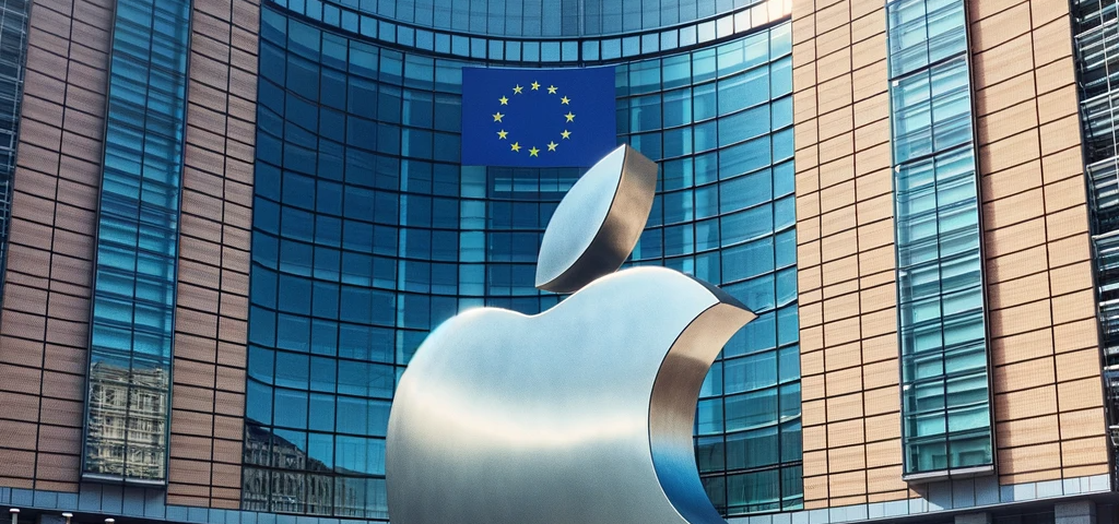 IMAGE: A Dall·E generated image of the European Union headquarters in Brussels, featuring a large, modern building with the EU flag prominently displayed, and in the front entrance patio, a metallic statue of the Apple logo