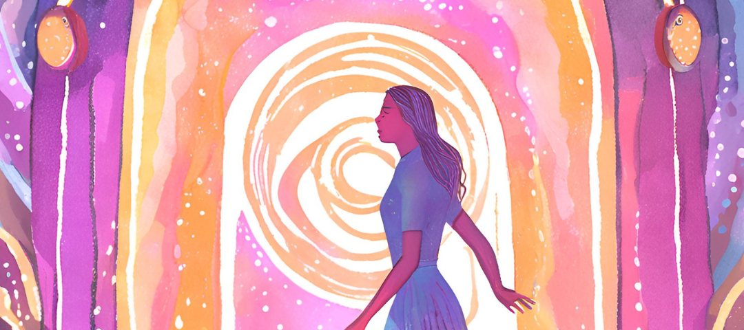 Woman in blue dress with orange vortex-like circle of time before her.