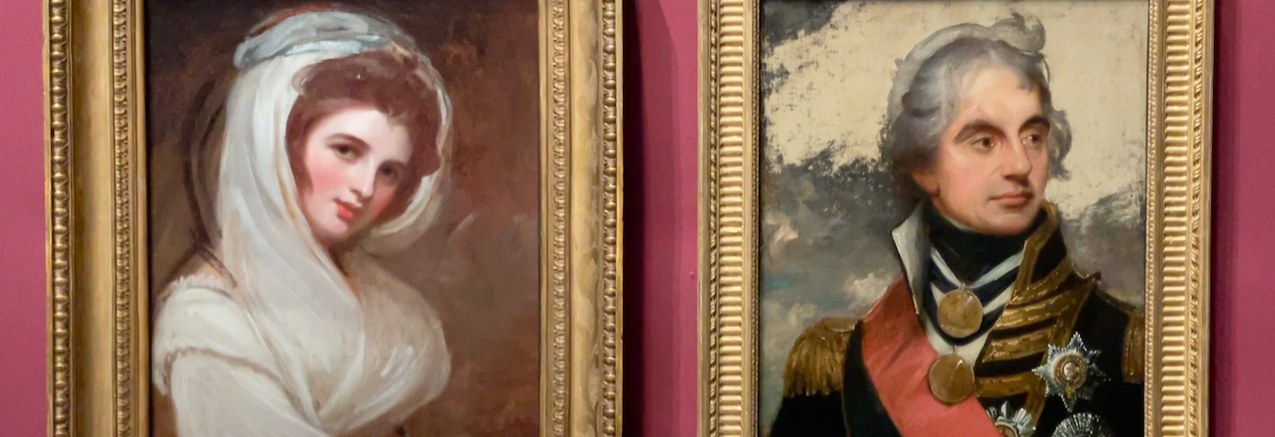 Two side by side portraits — one of Emma Hamilton and one of Horatio Nelson.