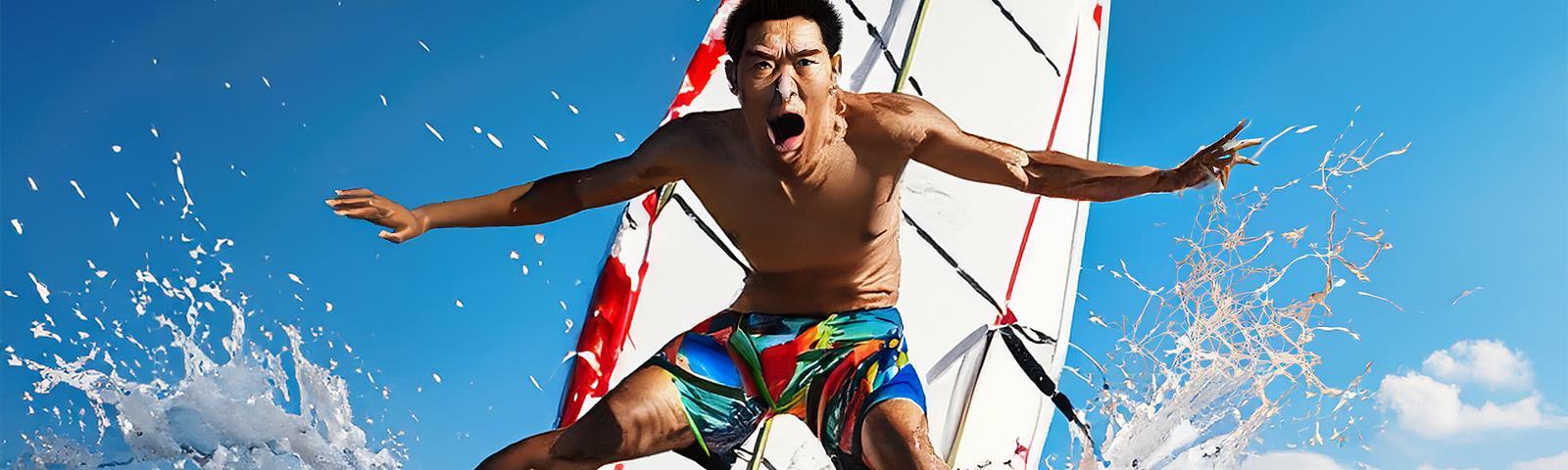 A windsurfer being thrown off a windsurf board with a look of horror on his face