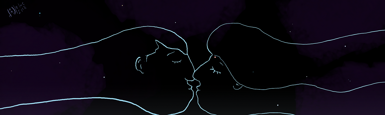 A digital drawing of two ethereal beings, male and female, stretching across a night sky to kiss beneath stars. Art by Doodleslice 2024