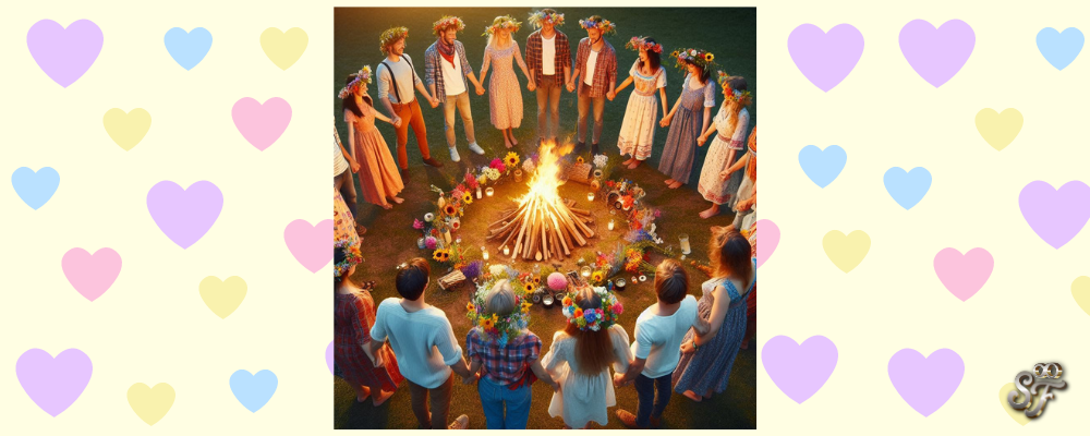 People around a fire, holding hands. Background of hearts.