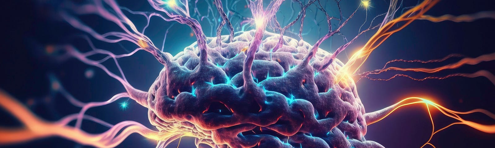 A illustration of a human brain, with electrified limb-like tendrils emerging from it.