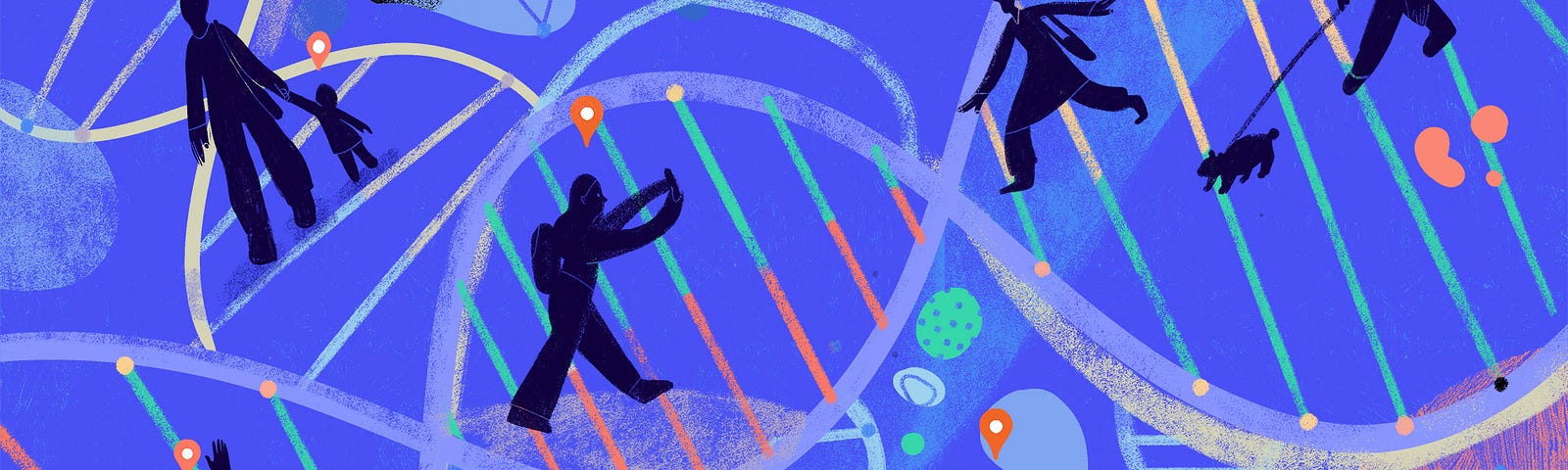 Illustration of figures with location trackers overhead walking through DNA and cells