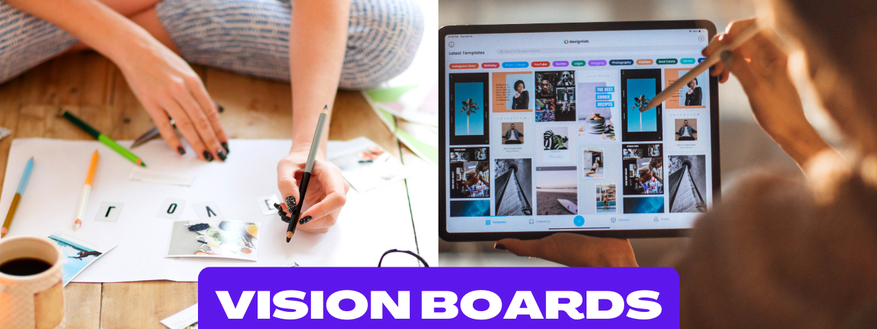 Left side, a female is making a vision board with cut out letters and images. Right side, person reviewing digital vision board. Word Vision Boards in white with purple background. Physical is purple on left, digital in white on right.