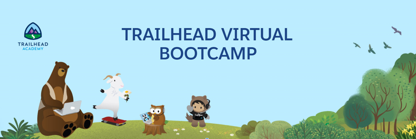 Codey with a laptop, Cloudy, Hootie and Astro with a headset in a meadow with trees under a Trailhead Virtual Bootcamp banner