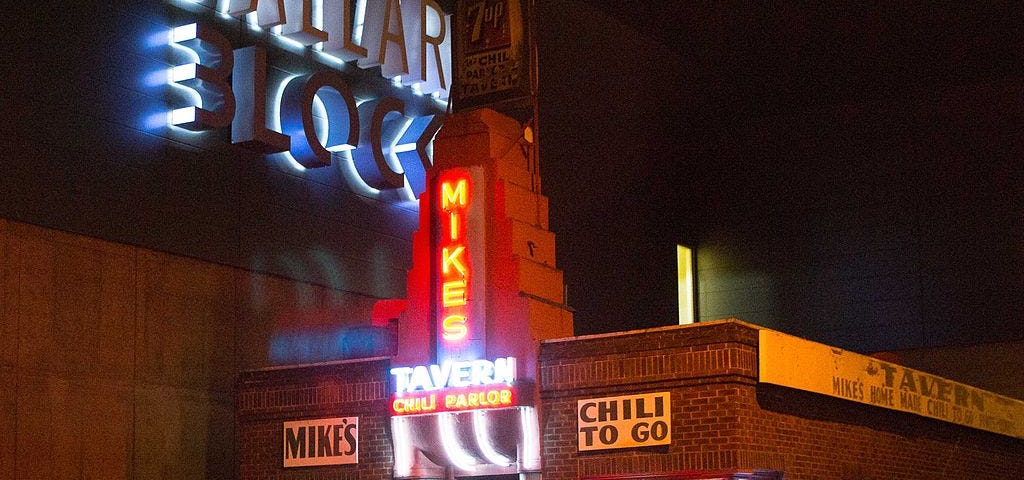 A picture of Mike’s Chili Parlor, a dive bar located in Ballard, Washington, USA, since 1922.