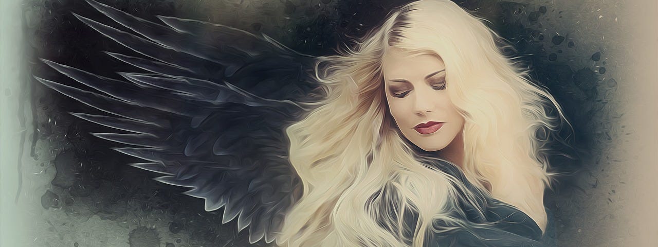 A fair haired fallen angel with scorched and blackened wings.