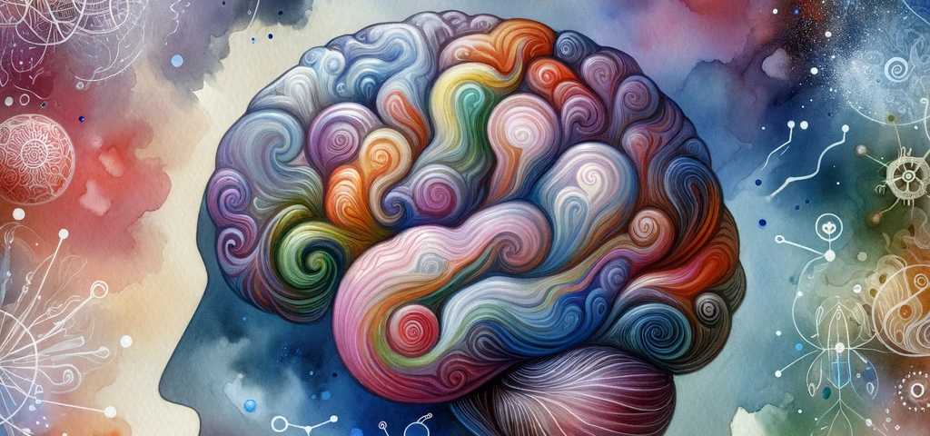 The intricate nature of the human brain, surrounded by dreamy swirls of color and abstract symbols.