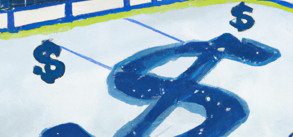 Digital painting of a hockey rink with dollar signs on the ice.