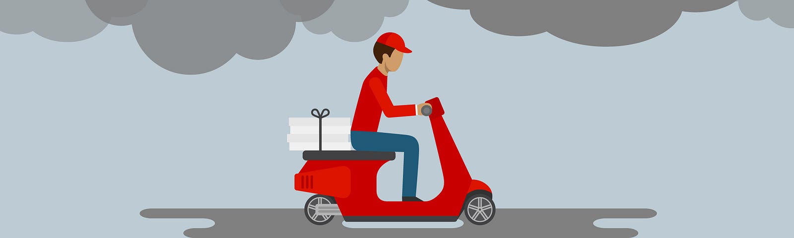 Illustration: Delivery man driving on red scooter on a cloudy day.