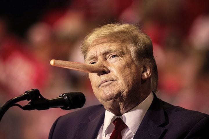 Photo of Former President Donald Trump with Pinocchio’s lying nose. Truth. Lies. Satire. Humor Funny. Politics. United States.