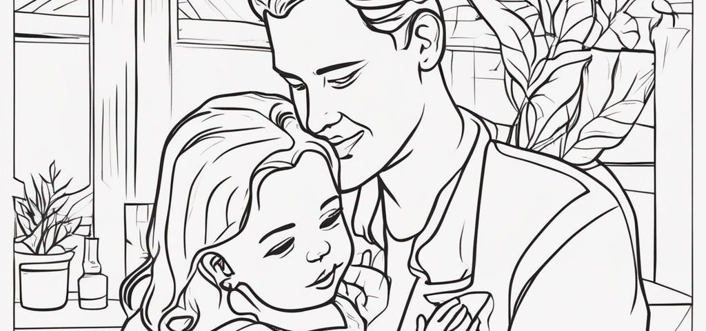 A father lovingly holding his young daughter in his arms in line drawing style