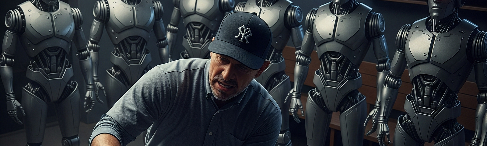 Baseball coach with robot players.