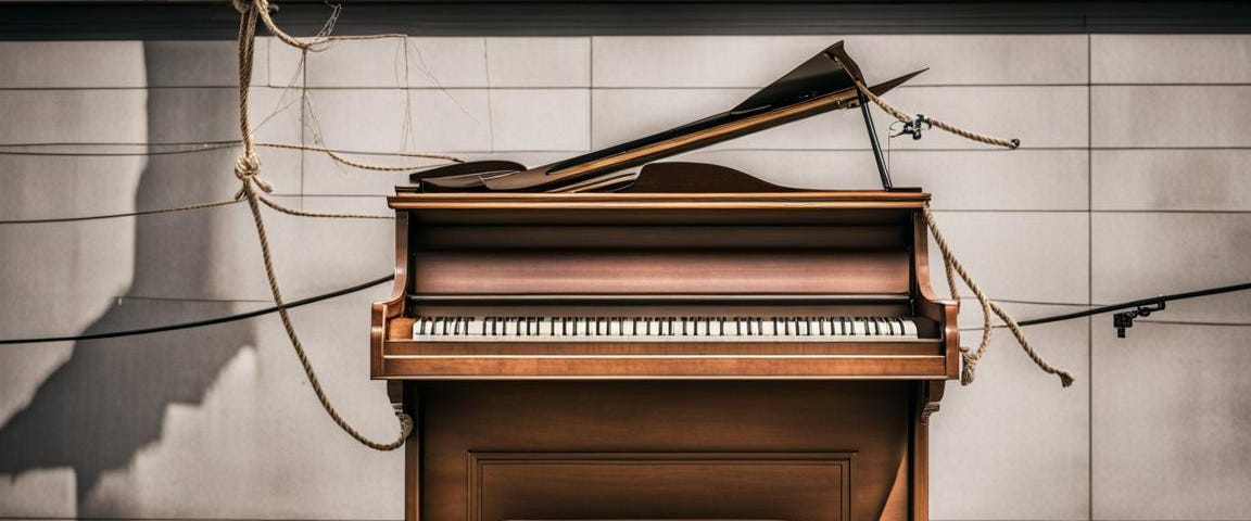 Photo shows a rickety piano haphazardly surrounded by rope.