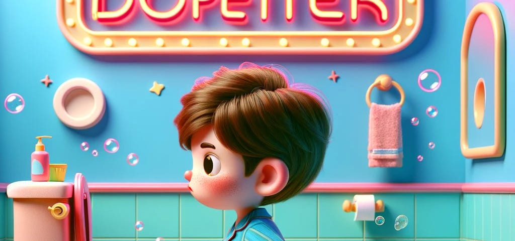 Illustration: A brown-haired two-year-old, clad in striped pajamas, stands in a colorful bathroom. An oversized rubber duck, sporting a playful expression, nestles within a boat-shaped bathtub toy before him; floating bubbles lend a touch of whimsy. A coral-hued toilet stands adjacent to a sink while above, the wall glows with a neon sign nonsensically declaring, “DOPEITER.” Pink and coral towels hang to the side, while smaller duck companions dot the rug underfoot.