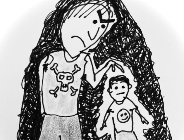 an ink drawing in black and white of a bully standing over a smaller child