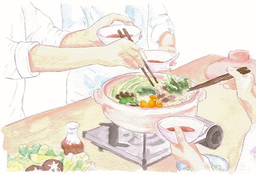 A trio of hands sharing hotpot.