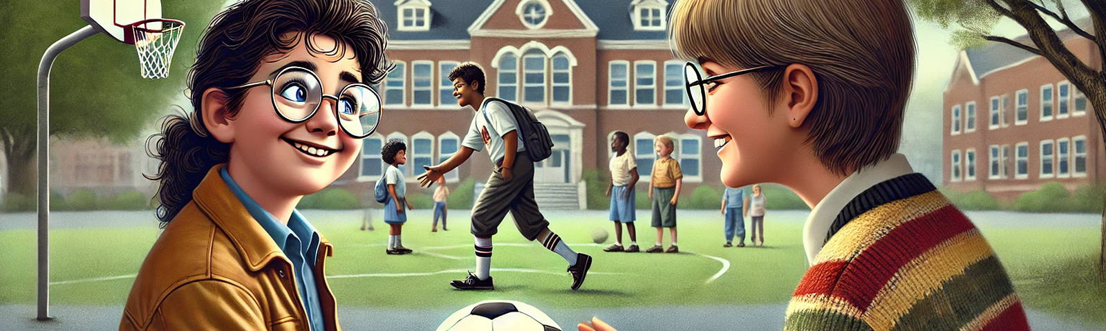 There is a heartwarming moment on the school playground when Rick approaches Susan, who initially sits alone, and invites her to play soccer. This illustration captures Susan’s transformation from surprise and hesitation to joy and laughter as she engages in the game, illustrating the power of kindness and inclusion. The playground setting enhances the story of their developing friendship and the breaking down of social barriers.