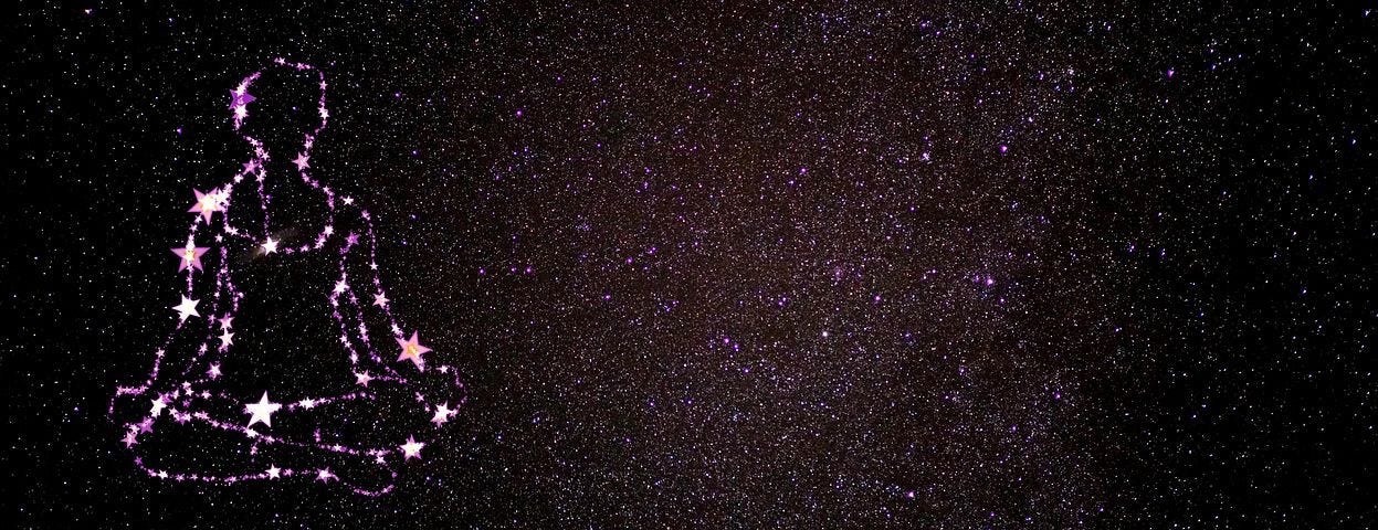 Pink Constellation in the night sky, with an outline in pink stars, of a woman meditating.