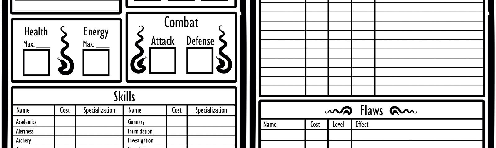 Image: The 2-page default character sheet for Snake Eyes.