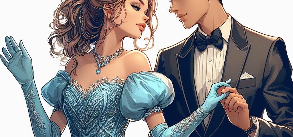A modern-day Cinderella in a fancy blue dress and her Prince dressed in a tux.