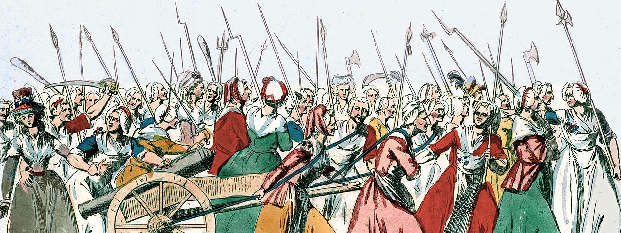 Derivative version of a contemporary illustration depicting and army of women from a past century carrying spears and pulling a wheeled canon.