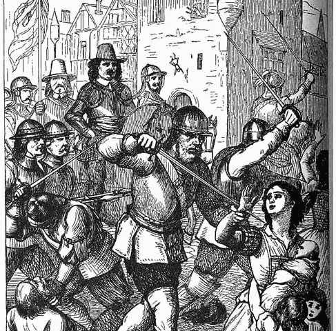 A black and white engraving of soldiers killing civilians at drogheda