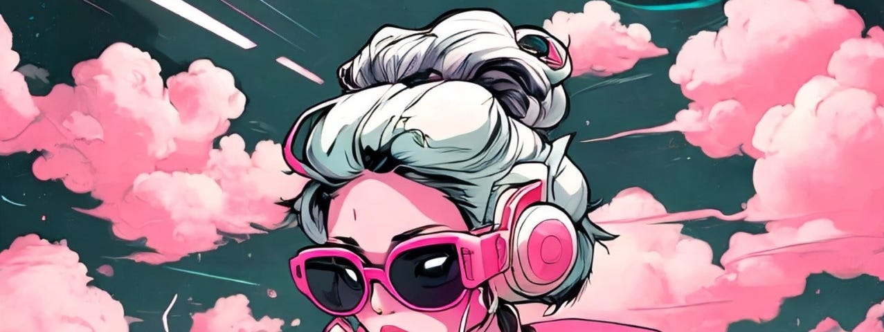 Image of pink clouds around a woman with big pink glasses and grey hair in a big bun, sitting in a pink chair in front of a laptop, cartoon illustration style