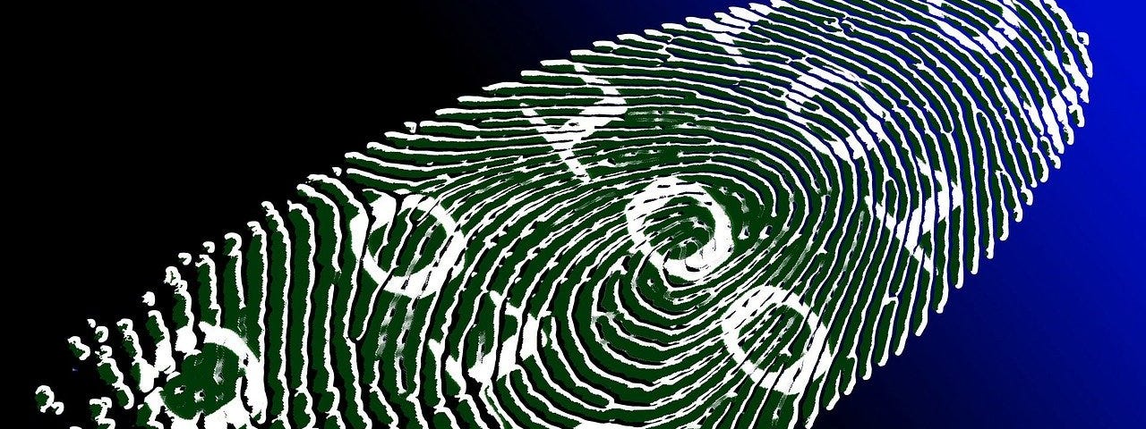 IMAGE: On a dark blue background, a fingerprint in white with a stream of ceros and ones