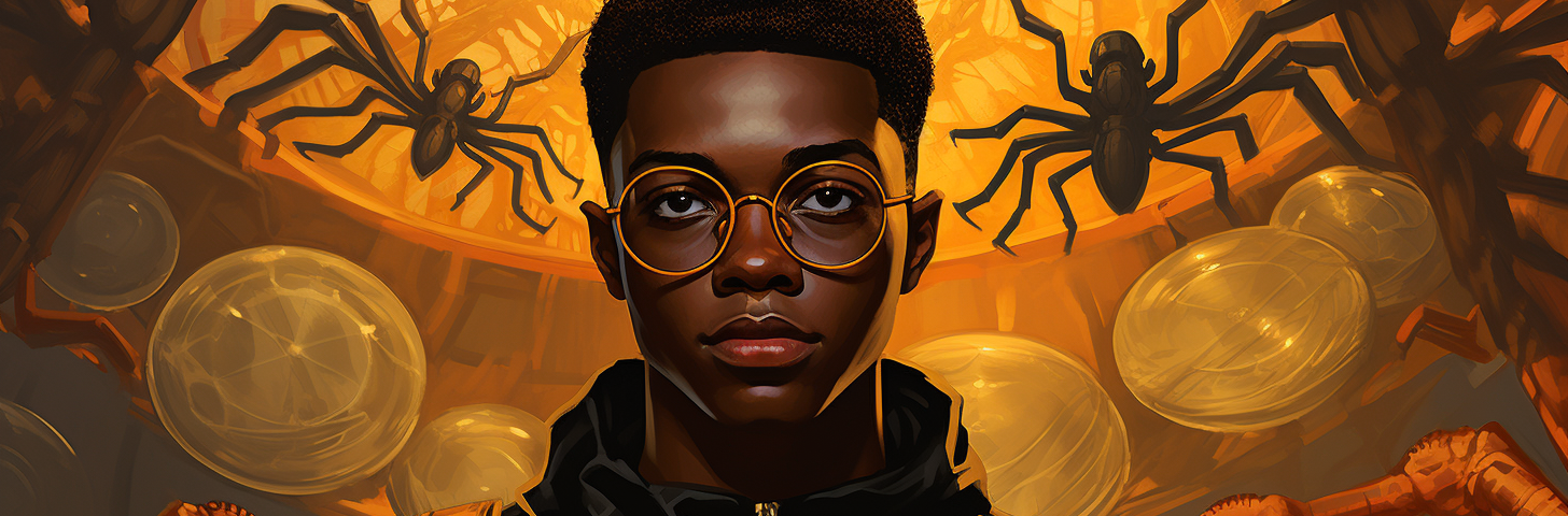 Young African American teen wearing a black jacket and round glasses. Two large spiders are descending on each side of him.