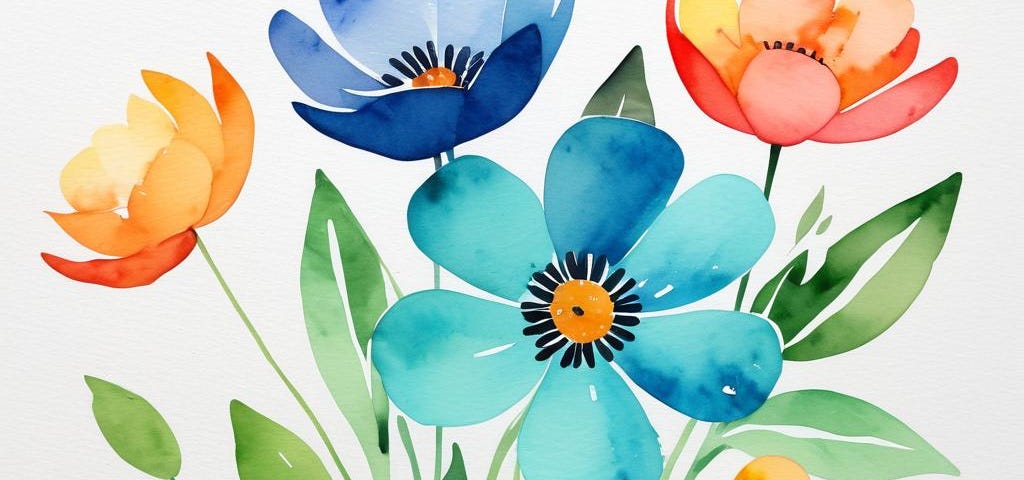 Beautiful blue, yellow, and orange long-stemmed flowers done in watercolors