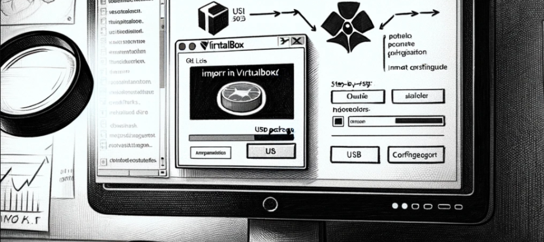 Black and white sketch of a computer setup with VirtualBox interface showing CSI Linux OVA import, a notepad titled “OSINT Investigations Made Simple: Installing CSI Linux On VirtualBox”, a pencil on the notepad, and a VirtualBox logo, all symbolizing the setup process for forensic analysis.