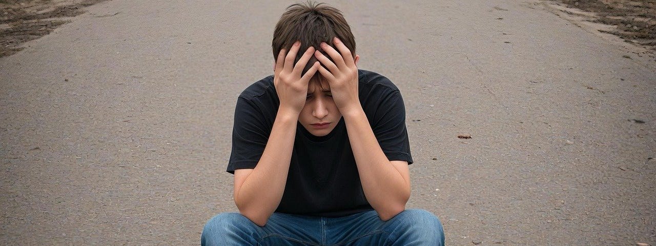 A young man sits in the middle of a quiet road. His head is in his hands, his feet are extended in front of him, bent at the knees. His elbows rest on his inner thighs. He is wearing a black t shirt, a pair of blue jeans and we see the soles of his tennis shoes.